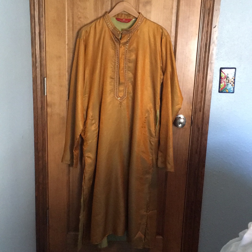 Men’s Indian Silk Kurta, Sz 40/LG, Orange, W/ Pant